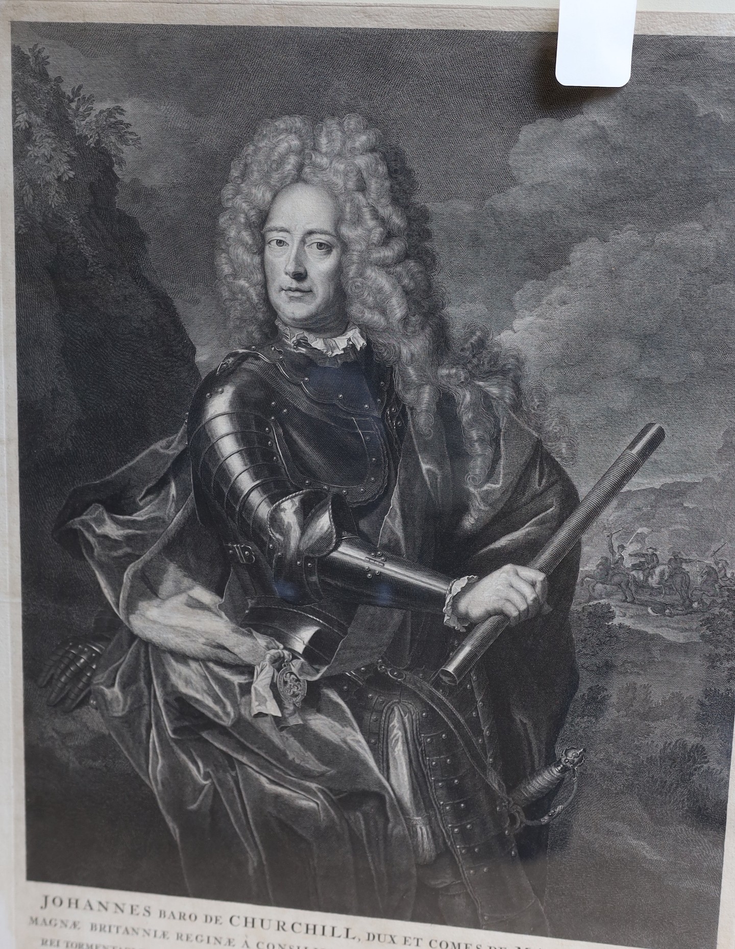 Two 18th century engravings of the Duke of Marlborough, after vander Werf, 63.5 cm x 42cm, and The Lord Aubrey Beauclerk engraved by G. Vertue, a lithograph of Charles II and a photogravure of Diana Duchess of St Albans